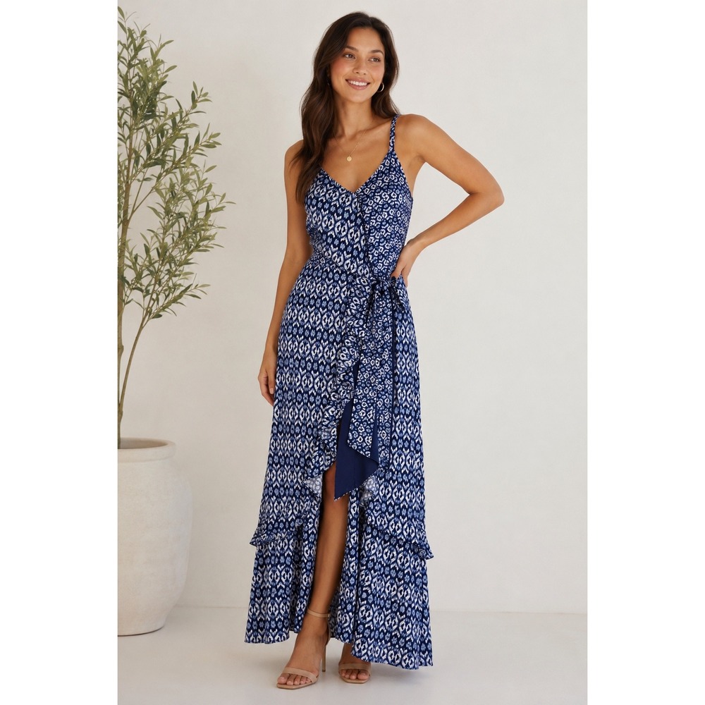 NEW Gibson Latimer Summer Blooms True Wrap Maxi Dress Medium Ruffle Trim NWT